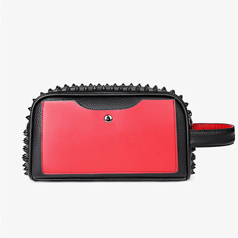Men Clutch Bag Fashion Personalized Rivet Design HighQuality Leather Waterproof Wallet Versatile Contrast Color Simple ZipperBag
