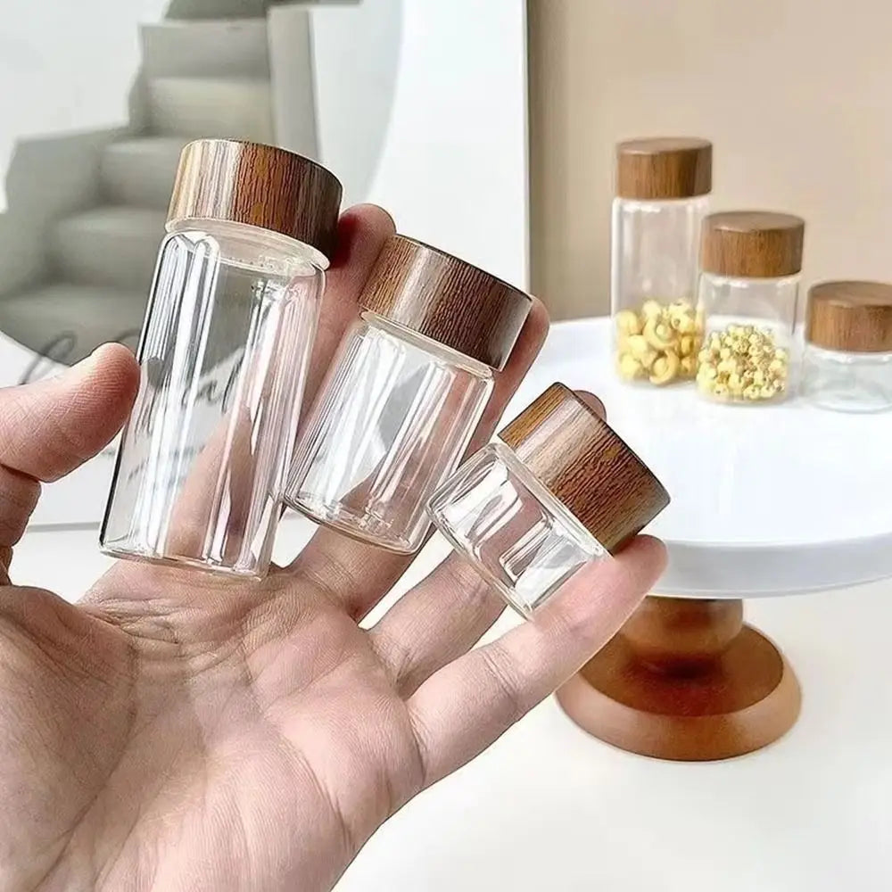 6PCS 10/20/30 ML Wooden Lid Mini Glass Bottles Food Grade Transparent Small Spice Jars Sealed Golden Bean Bottle