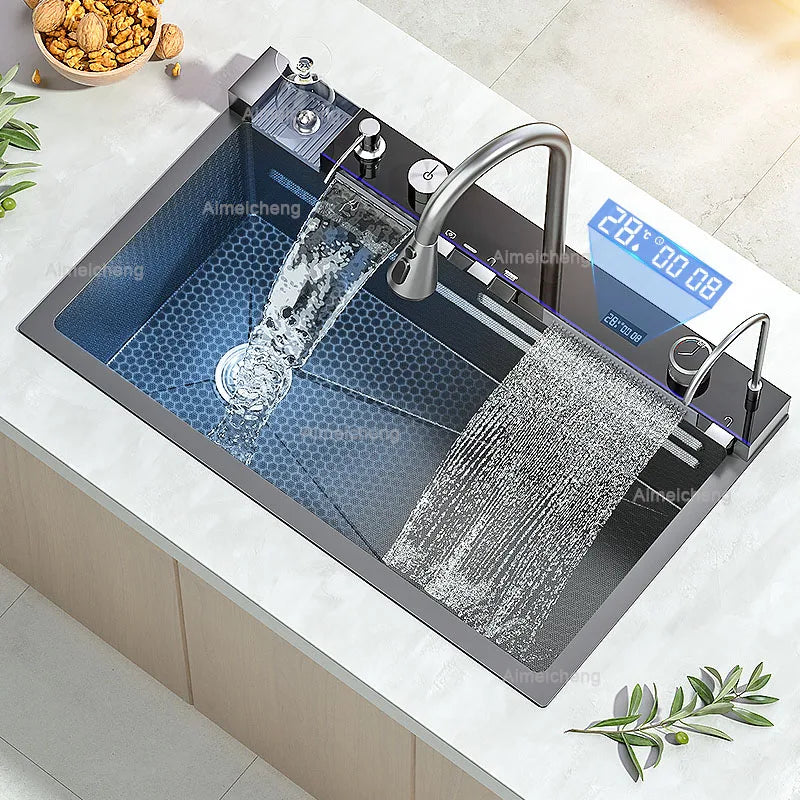 Stainless Steel Kitchen Sink with Faucet Digital Display Large Single Bowl Waterfall Rain 5 Functions System Dish Basin Sink