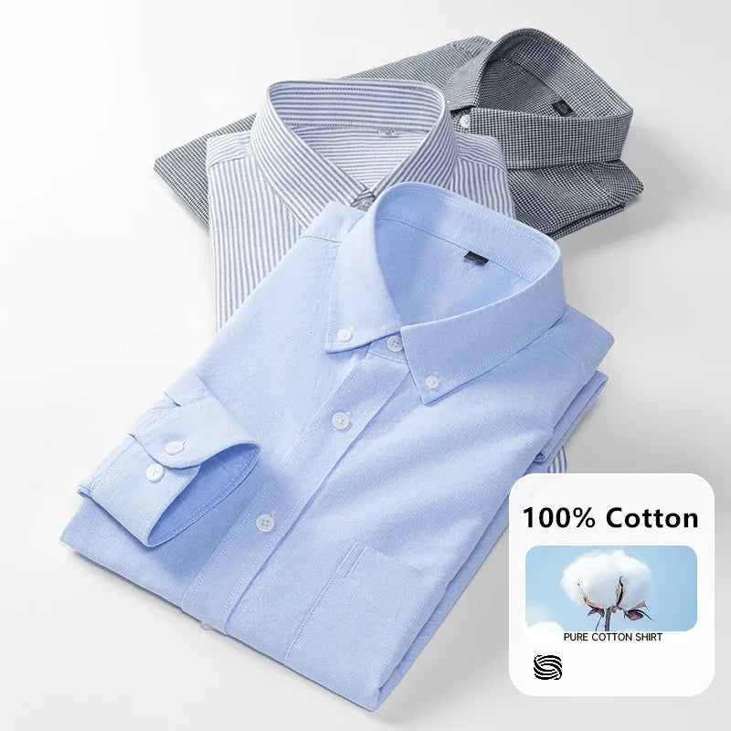 High Quality Men's Dress Shirts Long Sleeve Spring Autumn 100% Cotton Oxford Causal Stripe Social Slim White Man Clothing 5XL