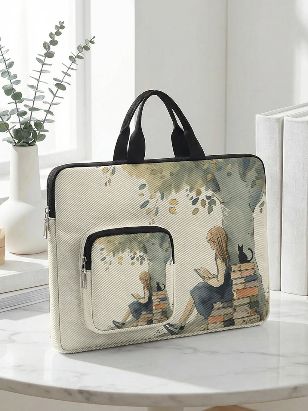 Vintage Reading Girl Black Cat Laptop Handbag With Extra Pocket Shockproof Notebook Case For 13-15.6 Inch Laptops