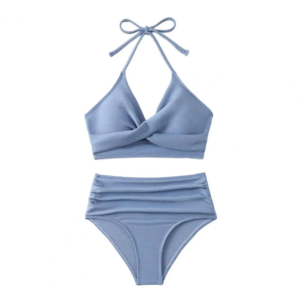 Bikini Set with Pleated Design 2pcs Summer Bikini Set with Padded Halter Bra Pleated High Waist Swimming Trunks Solid for Women