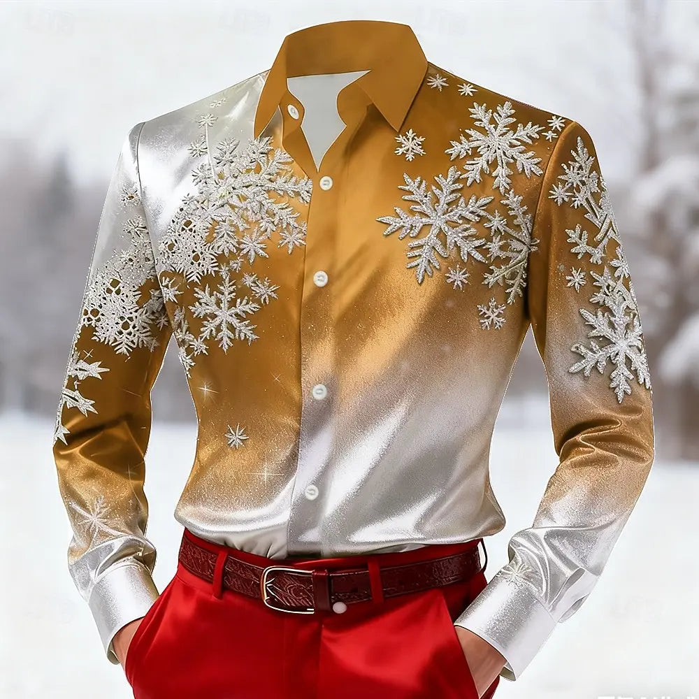 2025 Christmas Men's Snowflake Gradient Color Shirt  Dress Shirt Long Sleeve Fashion Casual Outdoor Holiday Spring Fall