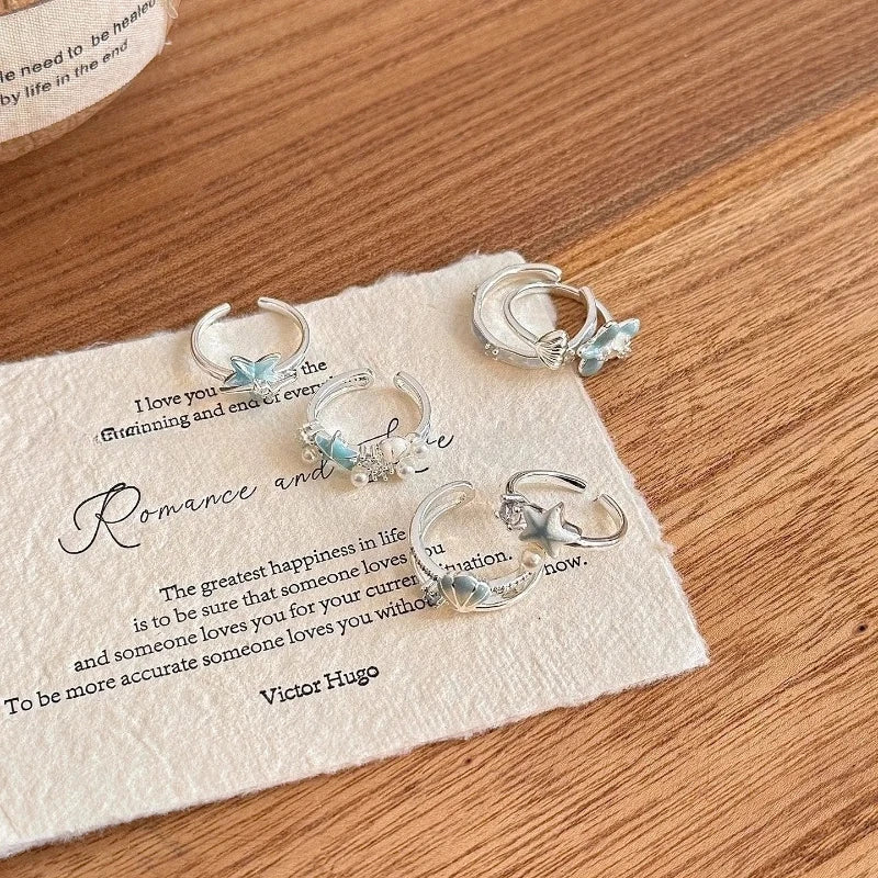 Sweet Blue Starfish Shell Rings for Women Girls Fashion Imitation Pearl Open Rings Summer Ocean Vacation Jewelry Accessories