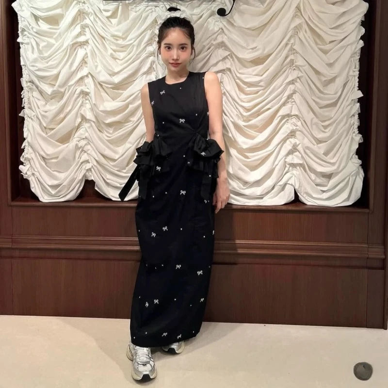 Japanese Sweet Basic Black Sleeveless Long Dress Summer 2025 New Women's Slim Cute Bow Printed Ruffles Casual Fashion Dress