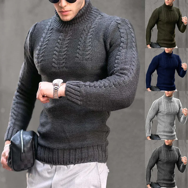Pullovers Men Tops Turtleneck Sweaters Solid Knit Full Sleeve Casual Slim Fit Top Streetwear Thick Splice Sweater Autumn Winter