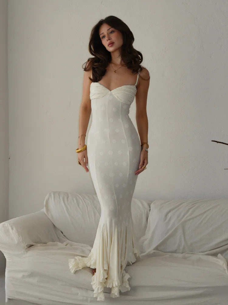 White Polka Dot Maxi Dress For Women Spaghetti Straps Sweetheart Bust Back Ruched Mermaid Flounce Hem Vacation Biryhday Dresses