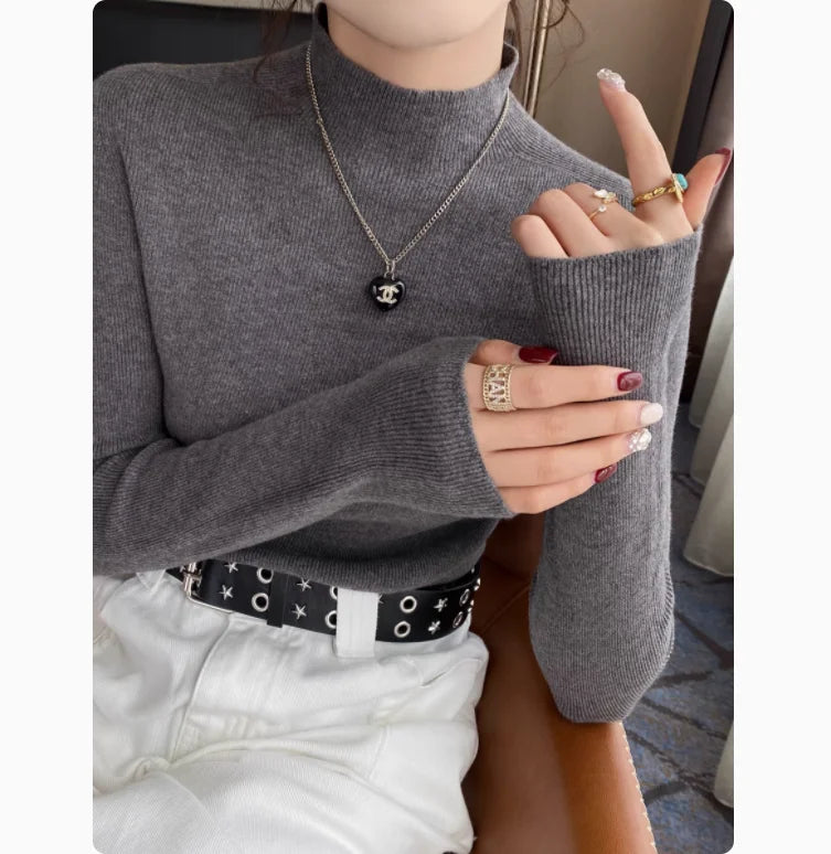 Elegant Casual Long Sleeve Pullover Sweater Fall Women Mock Neck Solid Color Knitted Top 2025 Basic Winter Korean Style Knitwear