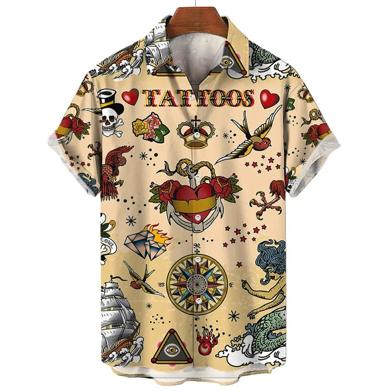 3D retro digital printed men's lapel short sleeved shirt