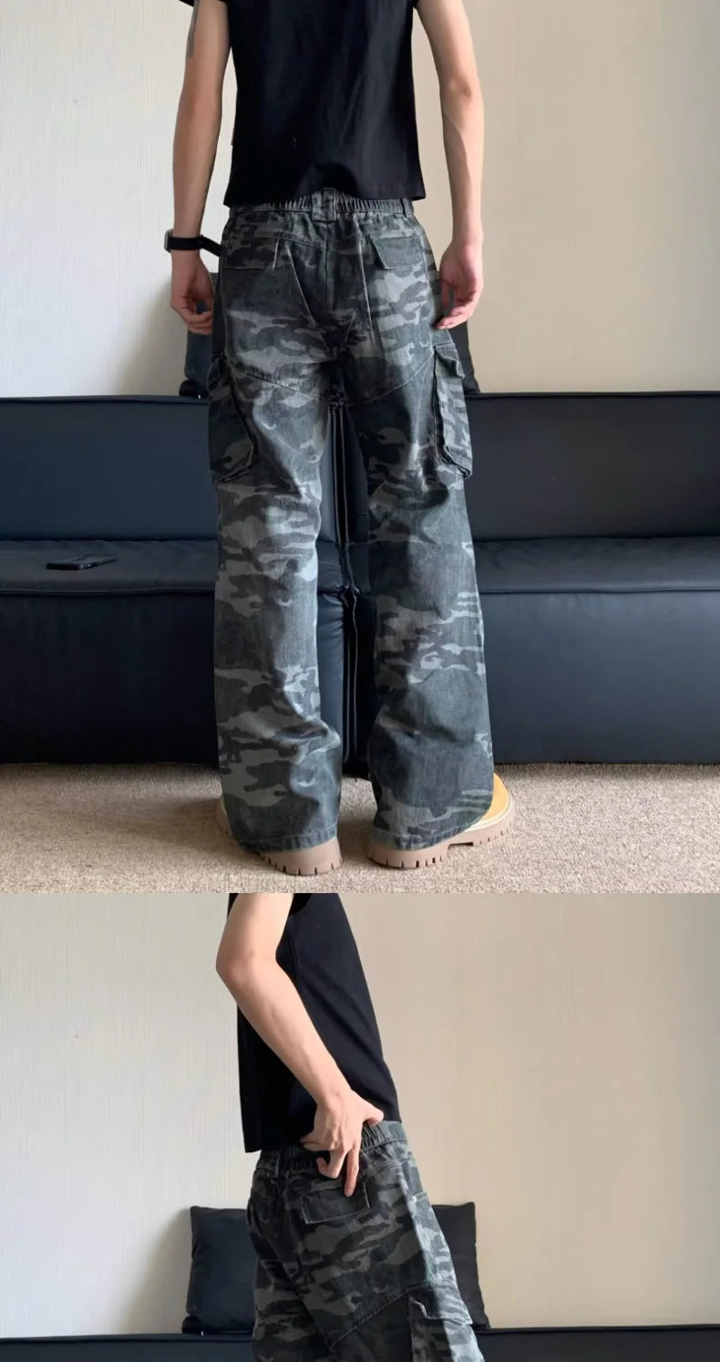 Summer Large Size American Retro Camouflage Work Pants Men's Loose Straight Leg Jeans with Diagonal Pockets Casual Long Trousers