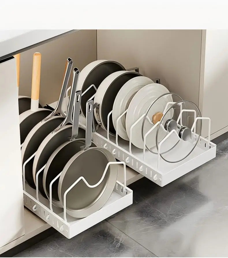 Kitchen Multifunctional Organizer - Pull-Out for Pots/Pans, Sliding Lid Holder, Spice Rack & Dish Drying Racks Drawer Organizer
