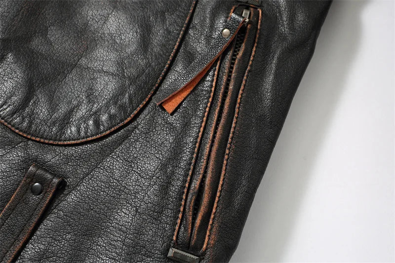 Retro Black Winter Leather Jacket Men Vintage Style Plus Size 5XL Genuine Natural Thick Cowhide Diagonal Zipper Leather Coat