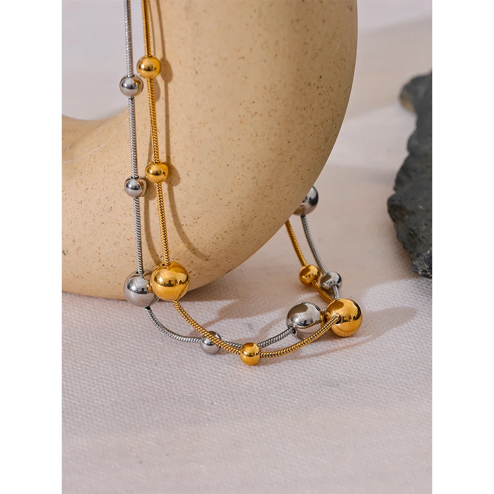 Yhpup High Quality Stainless Steel Round Beads Chain Statement Necklace for Women 18K PVD Plated Stylish Jewelry Rust Proof