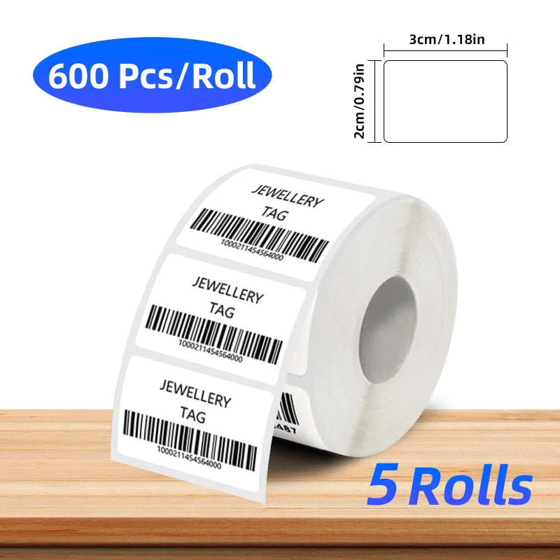 5 Rolls of Thermal Label Paper, Coreless White Self-Adhesive Waterproof Stickers, Suitable for Portable Handheld Printers - for Barcodes, Addresses, Shipping, Corporate Offices, Commercial and Home Labels 30*20mm 30*30 40*20