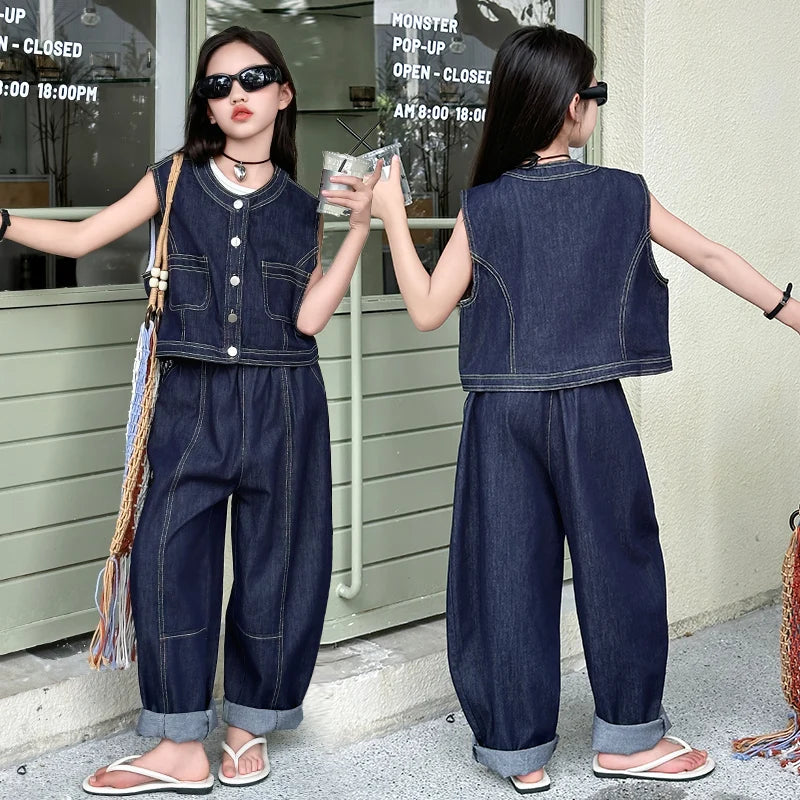 Summer teen Girls Denim Set 2024 Child Sleeveless Cowboy vest+Wide leg pants Two Piece junior kid jeans suit child outfits 10 12