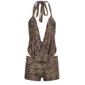 Sexy Leopard Print Deep V Swing Neck Lace-Up Sling Shorts 2-Piece Outfit for Women