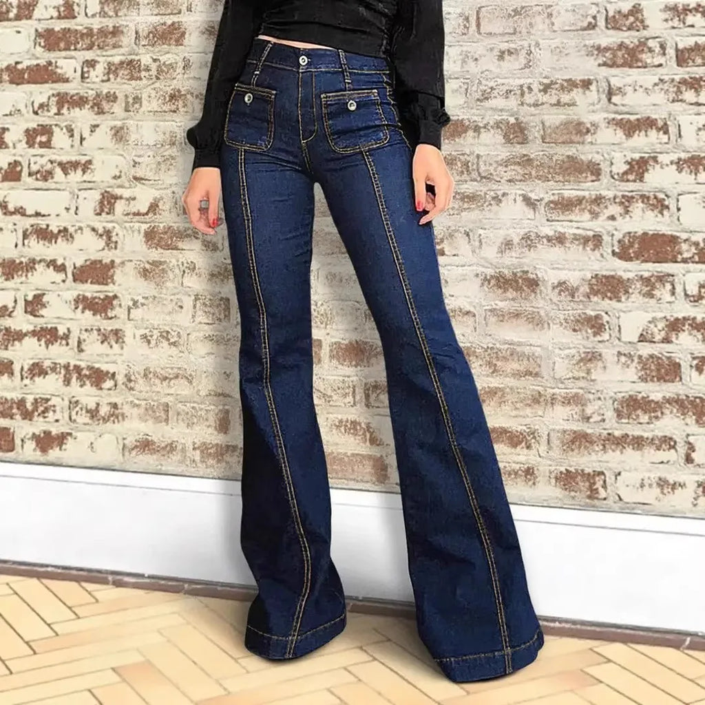 High Waist Flared Jeans Street with Flared Leg Stretchy Patchwork Long Pants Spring Sexy American and European Style Women Jeans