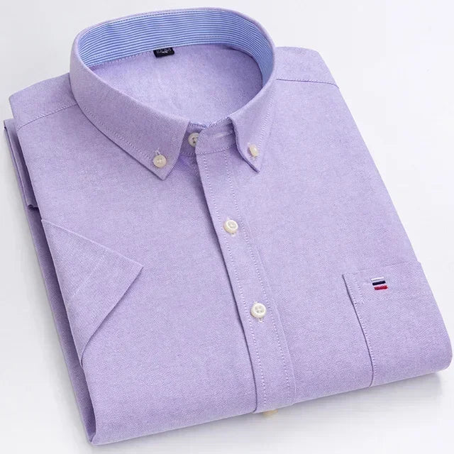 2025 100% Pure Cotton Men's Oxford Short Sleeve Square Collar Soild Plaid Striped Summer Casual Shirts Single Pocket  Shirt