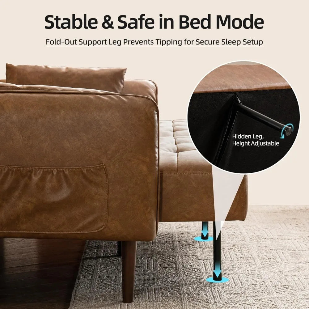 85 Inch Faux Leather Futon Sofa Bed Convertible Sleeper with Storage Adjustable Armrests Mid Century Modern Loveseat