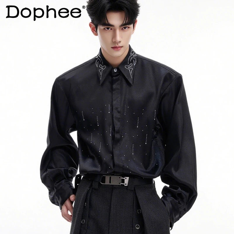 Men's Satin Rhinestone Shiny Long Sleeve Shirts 2025 Spring Autumn New High-end Loose Comfort Shirts Trendy Diamond Chic Jackets