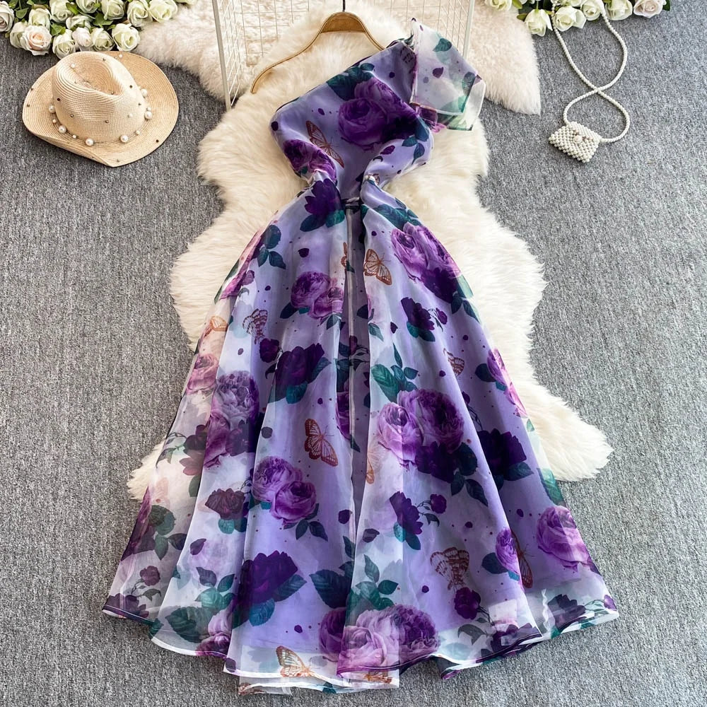 Spring Floral Series Holiday Dr Women's Summer High Waist Slim Fit Sexy Strapl Midi Length Belted Gown Korean Sle
