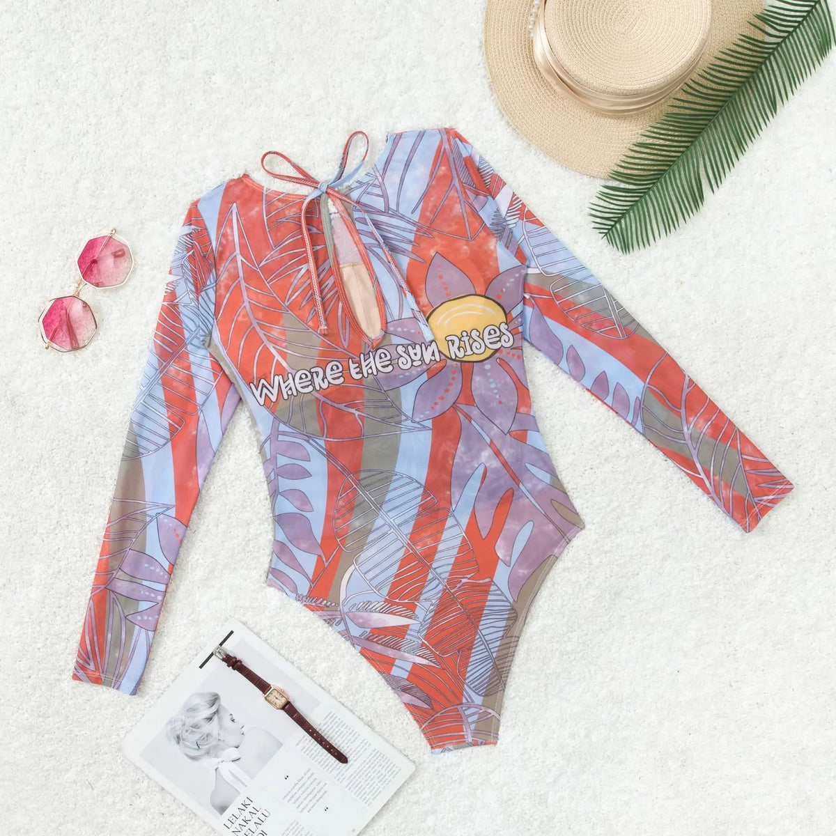 NEW Print Patchwork Sports Swimsuit for Women,Long Sleeve Zipper Conservative Bikini Monokini,beach Vacation Suit 2025
