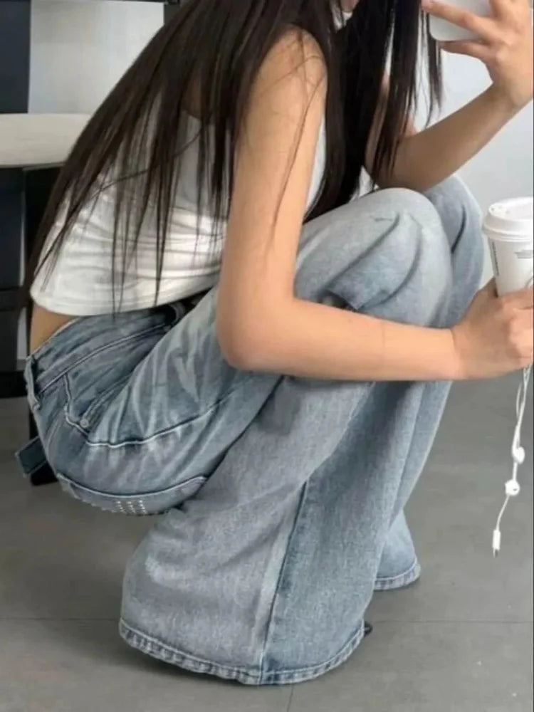 Summer Jeans Women Washed Distressed Rhinestone American Vintage Y2K Street Style Straight Loose Wide Leg Draping Jean Pants