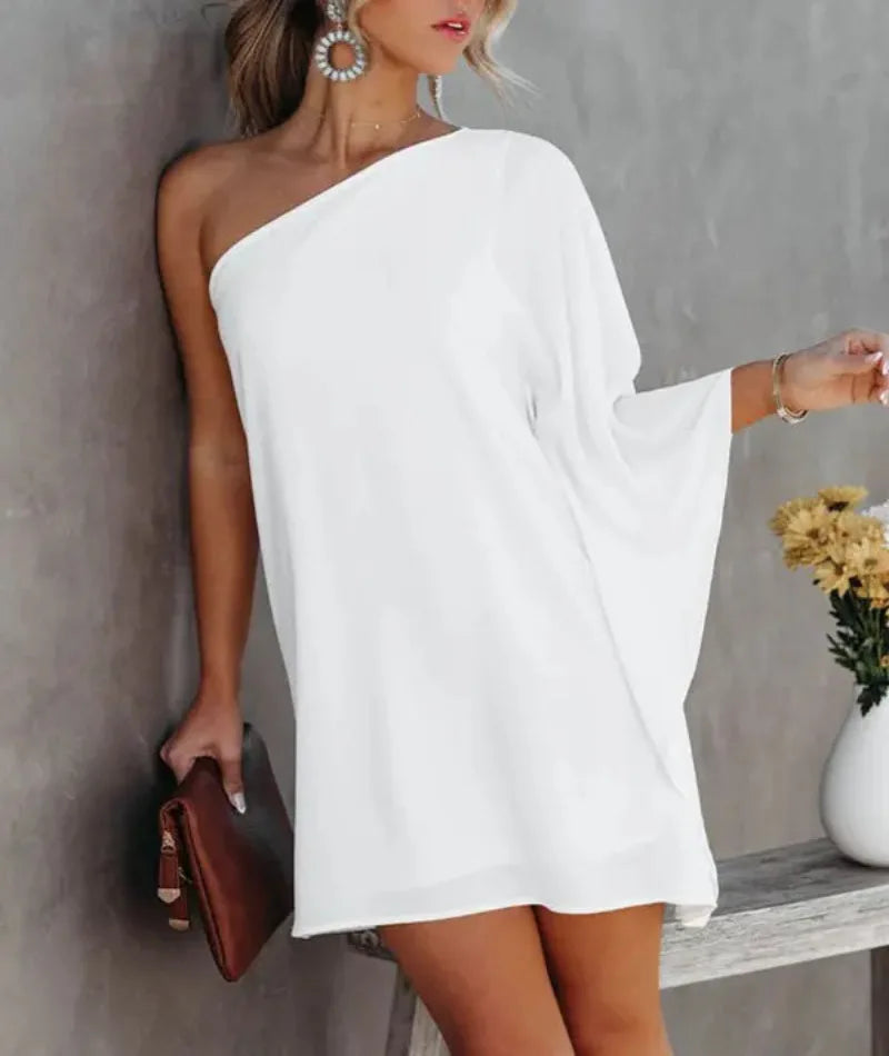Summer Commuter Women's S-2XL size Dress One Line Diagonal Neck Off Shoulder Solid Color and PrintedMetal Strap Bat Sleeve