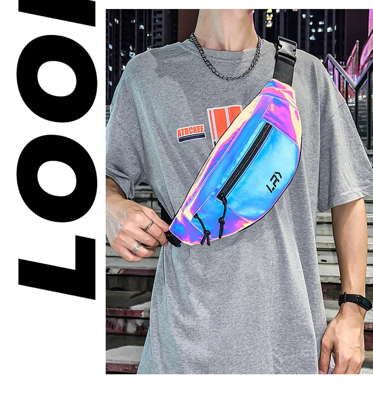 Techwear Style Colorful Reflective Fanny Pack Punk Hip Hop Crossbody Bag Men Women Outdoor Casual Motorcycle Sport Waist Bag