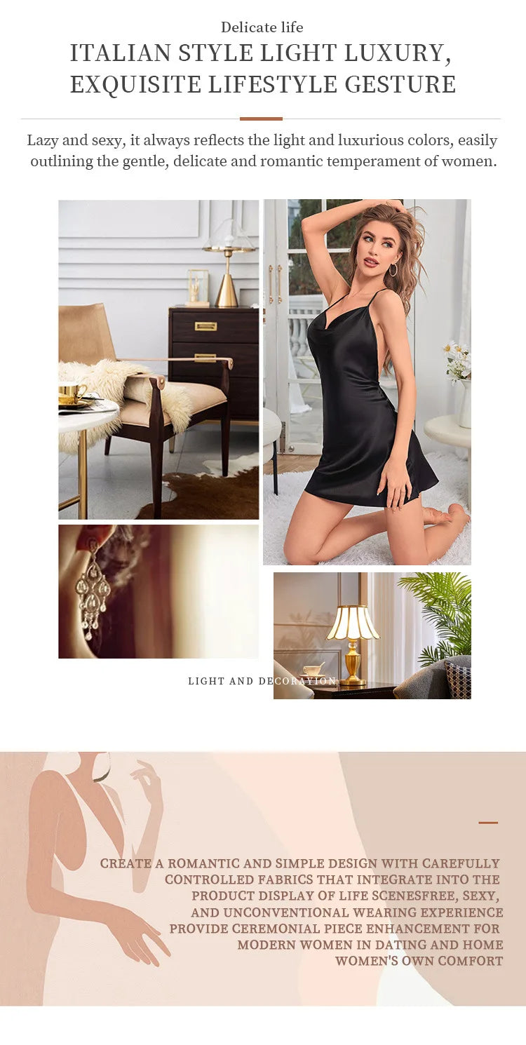 Fashion Solid Color V-neck Home Nightgown Women's Backless Cross Suspender Skirt Butterfly Decoration Simulation Silk Thin Dress