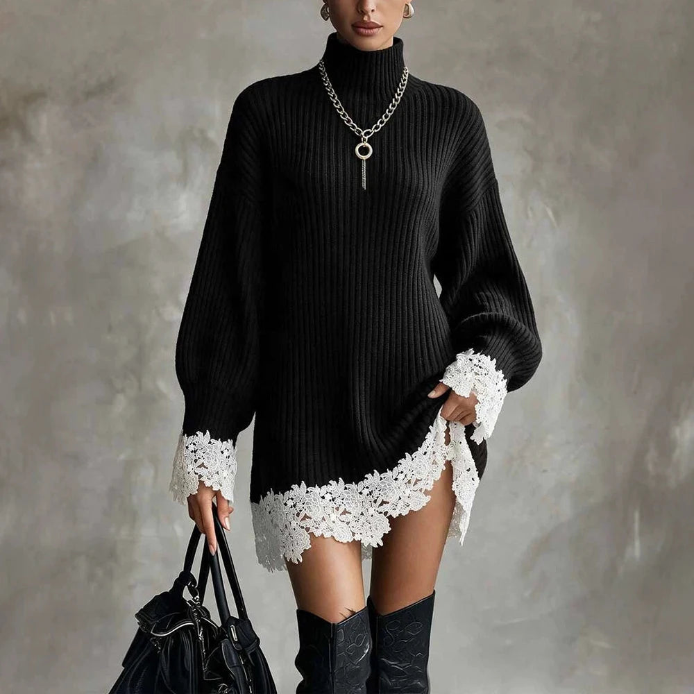 Women Turtleneck Ribbed Knit Mini Dress Vintage Hollow Out Lace Hem Long Lantern Sleeves Loose Winter Streetwear Sweater Dresses