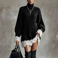 Women Turtleneck Ribbed Knit Mini Dress Vintage Hollow Out Lace Hem Long Lantern Sleeves Loose Winter Streetwear Sweater Dresses