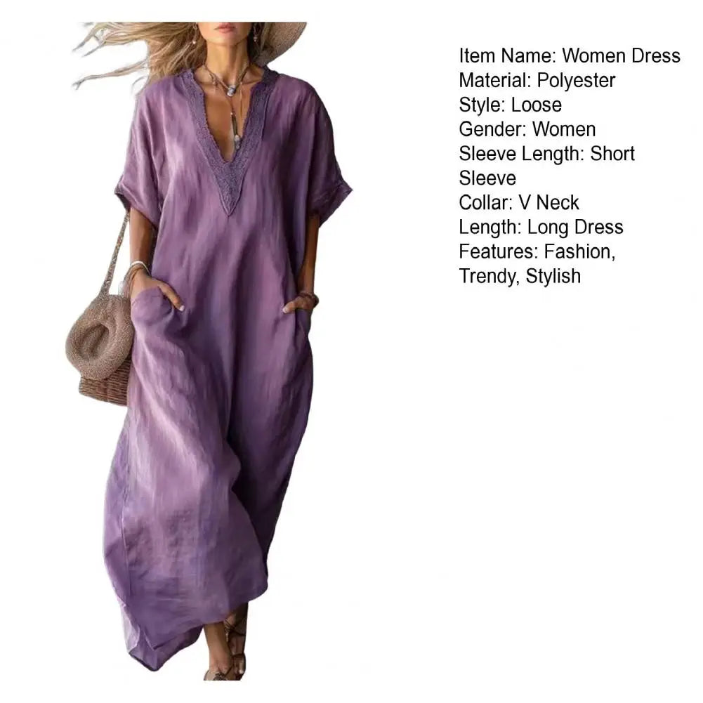 Women Dresses 2026 Casual Solid Color Short-sleeved V-neck Long Dresses Women's Clothing Vestidoes Sundress With Pockets