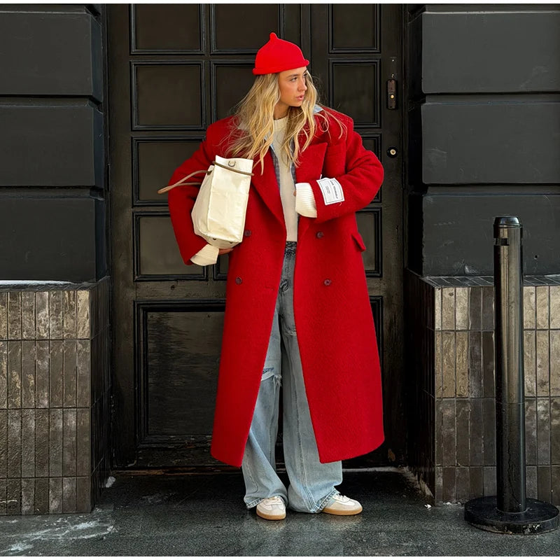 Women Olive Green Oversized Coat Notched Lapel Double Breasted Straight Outerwear Vintage Fall Winter Daily 2026 Office Outfit