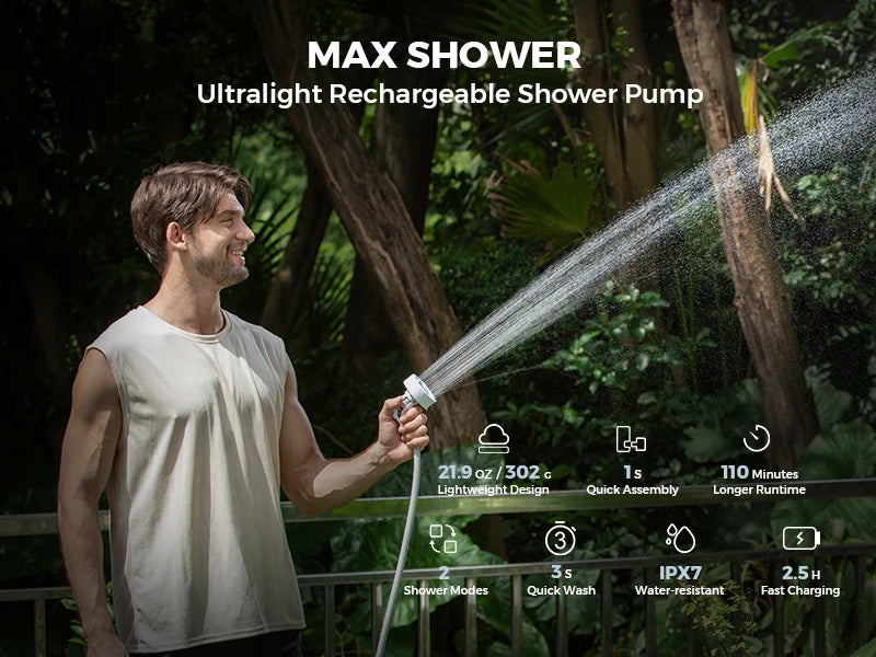 FLEXTAIL Outdoor Camping Shower Portable without Box Electric Shower Pump IPX7 Waterproof for Outdoor Shower, Car Wash, Dishwash