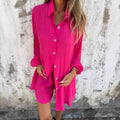 2026 Women's Casual Solid Color Cotton and Linen Shorts Long Sleeve Wrinkle Shirt Two-piece Set