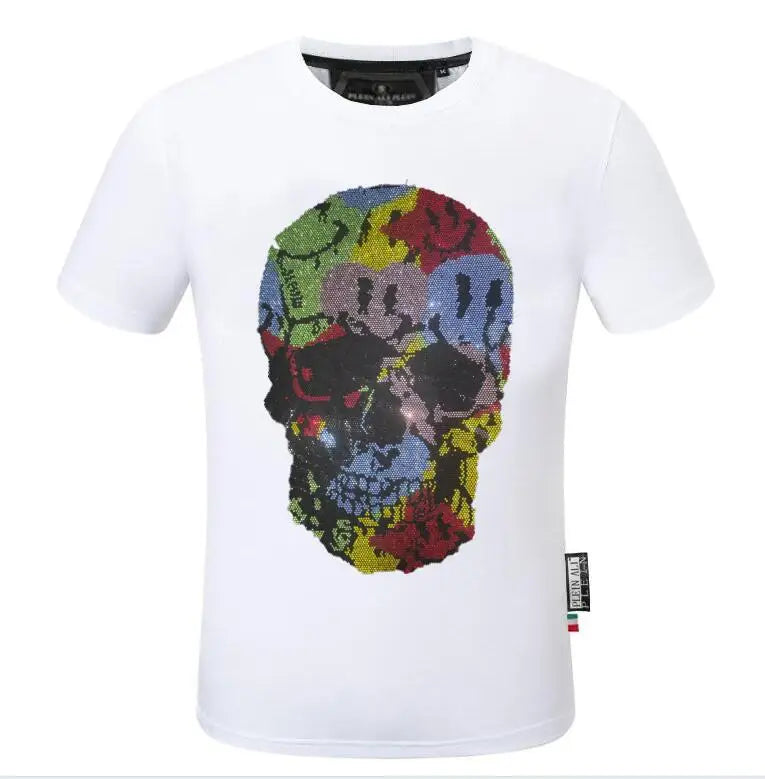 2025 Summer New Luxury Men's Fashion Skull Design Rhinestones T-Shirt Pure Cotton Crew-Neck Casual High Quality