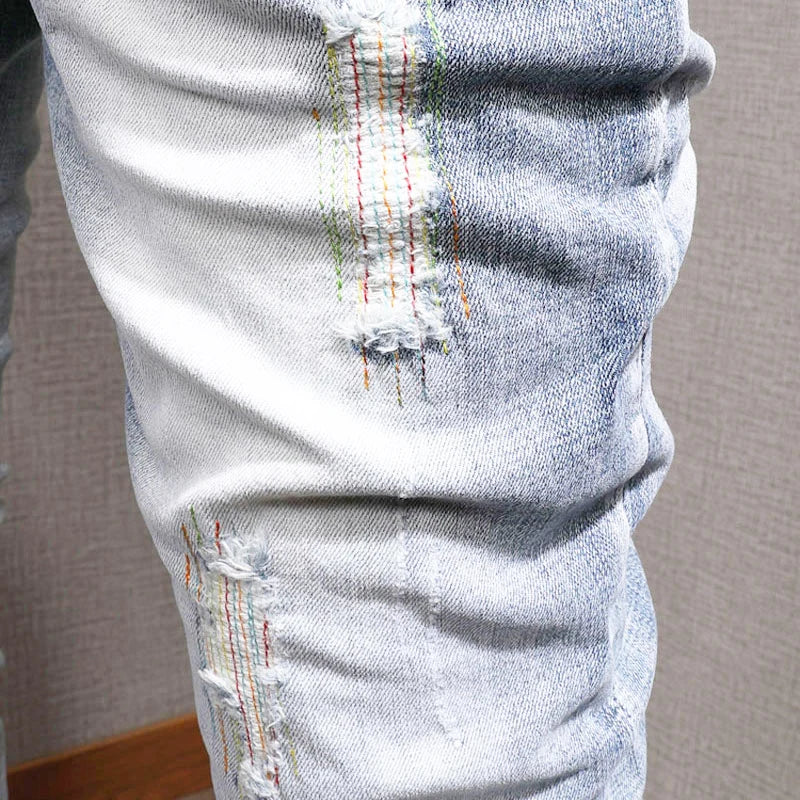Streetwear Fashion Men Jeans Retro Light Blue Elastic Slim Fit Ripped Jeans Men Embroidery Designer Vintage Casual Denim Pants