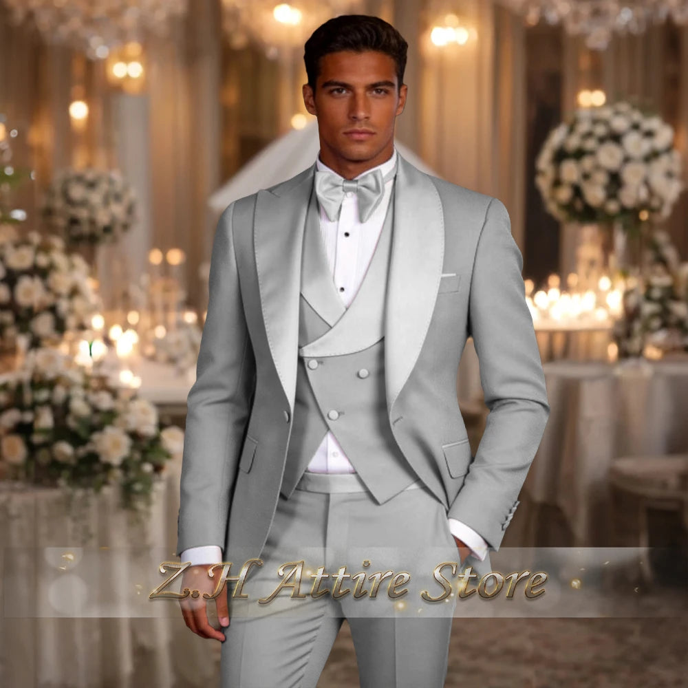 Elegant Pink Men's 3pcs Suit Spliced Satin Lapel Jacket Vest Pants Custom-Made Set for Wedding Groom Cocktail Birthday Party