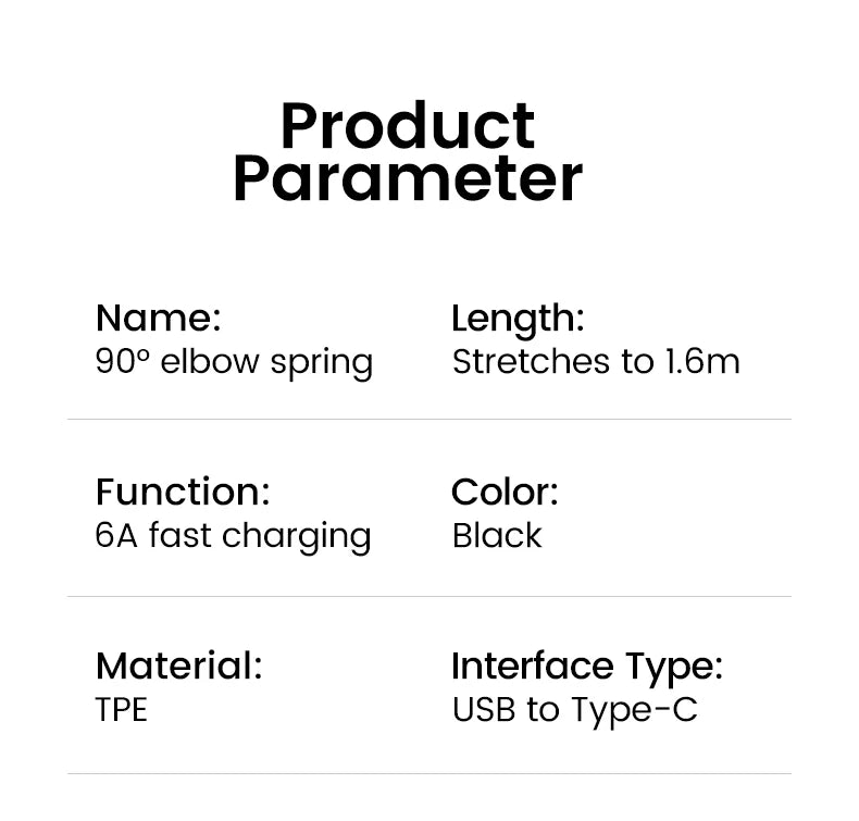 90 Degree Elbow Spring Cable USB Type C 6A Fast Charging 0.35-1.6M Retractable Data USB C To Type C Cable For iphone 15 Android