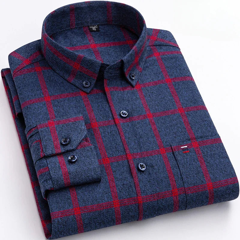 New in ShirtPlus Size 7XL 100% Cotton Sanding Long-Sleeve Shirts for Men Slim Fit Plain Shirt Striped Plaid Single Pocket Clothe