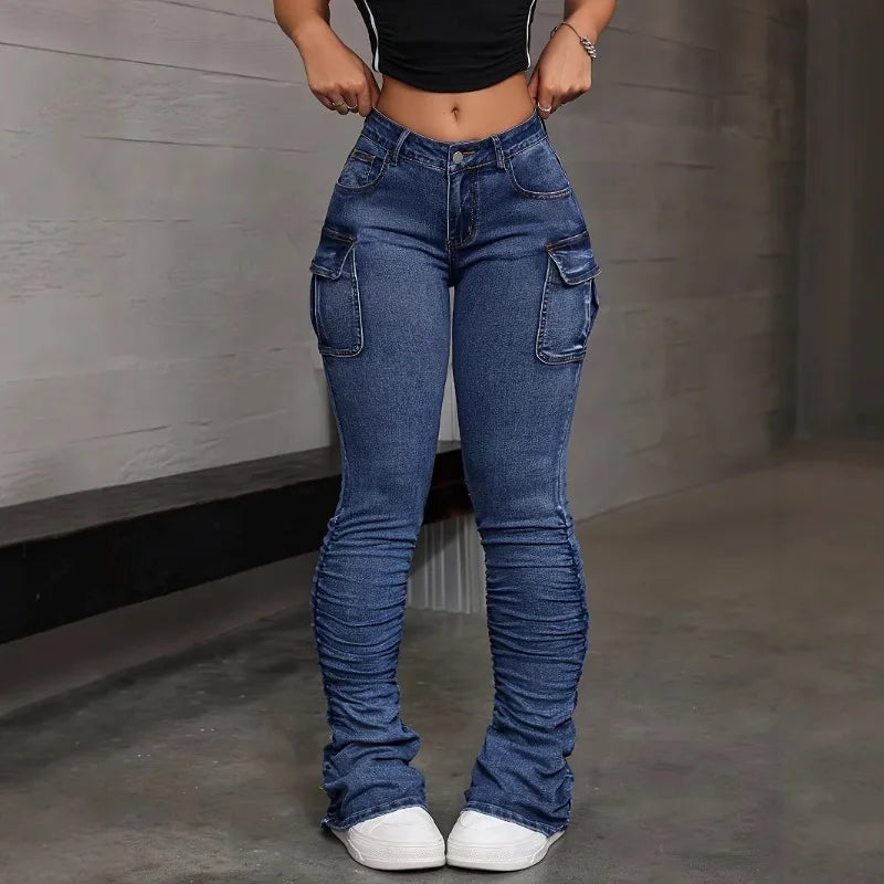 Women High Waist Elastic Jeans Ladies Sexy Hip Lifting Denim Pants Multi Pocket Summer Fashion Streetwear Female Slim Trousers