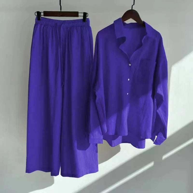 Women's 2-piece set 2026 Spring Autumn New Long sleeved Cotton linen Shirt top+High waisted loose Pants Comfortable Casual Sets