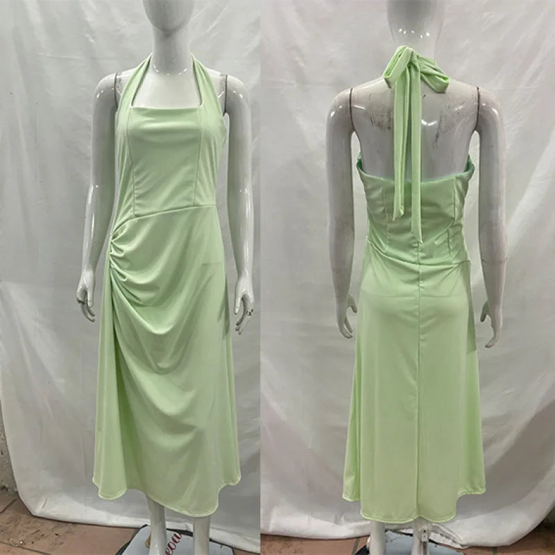 Women Satin Halter Midi Dress Square Neck Ruched Split Slim Long Dress Elegant Wedding Guest Evening Party Sleeveless White Dres