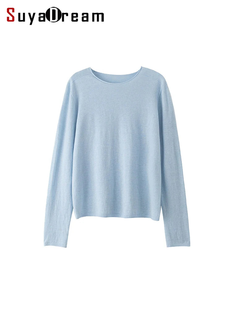 SuyaDream, Women Wool Pullovers, 5%Cashmere 92%Wool, Soft Cozy Sweaters, 2025 Fall Winter Basic Solid Knit Top