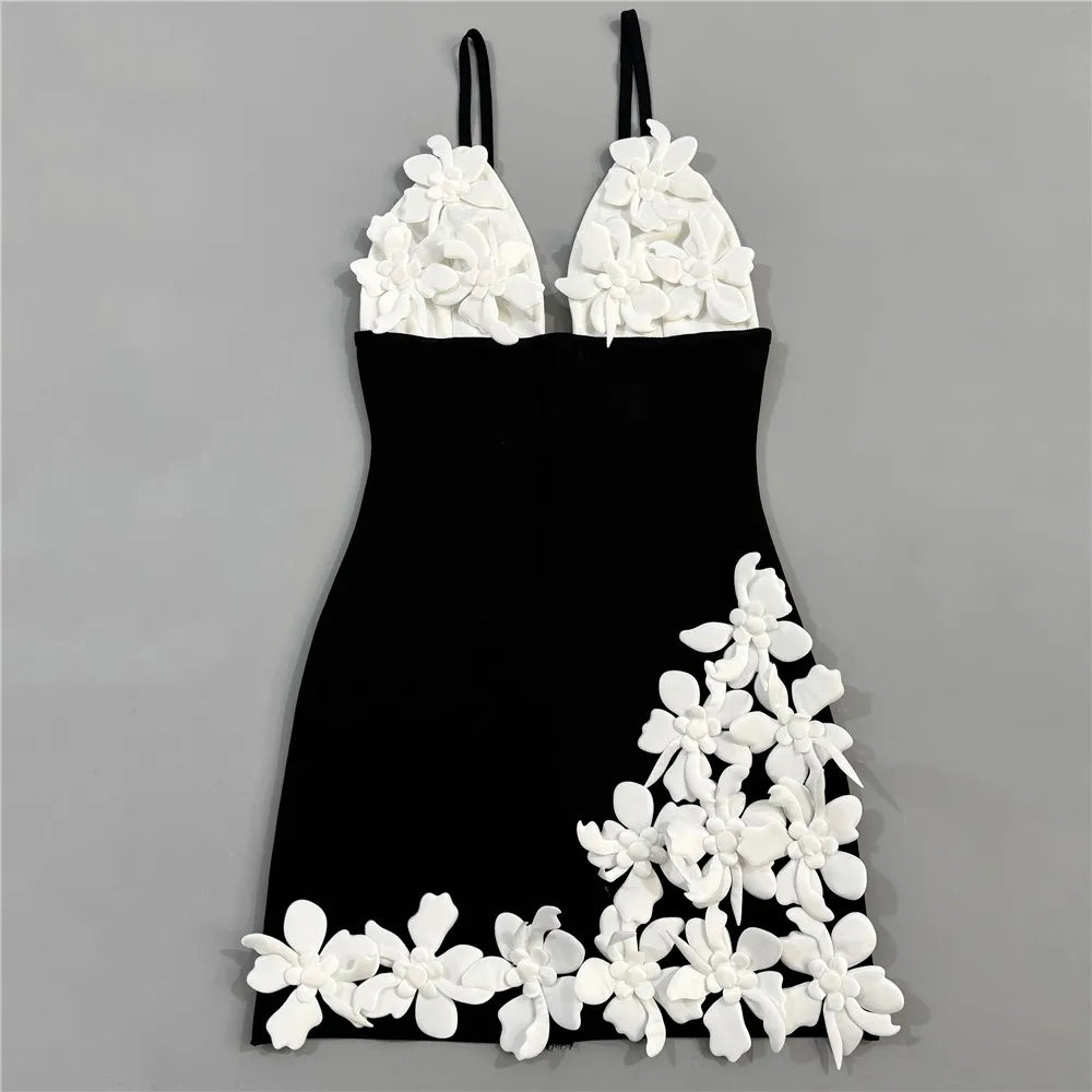 Women Simple 3D Floral Appliques Spaghetti Strap Bandage Dresses Deep V-Neck Backless Club Party Mini Dress