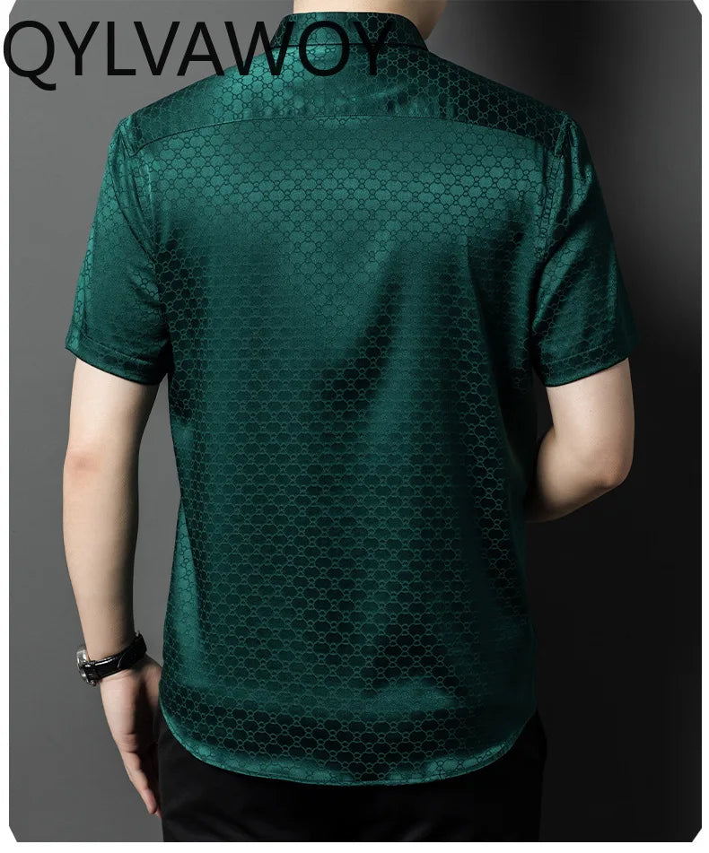 QYLVAWOY New Men's Shirts Summer Tops 92% Real Mulberry Silk Shirts Lapel Short Sleeve Stylish Clothes for Man Business Casual