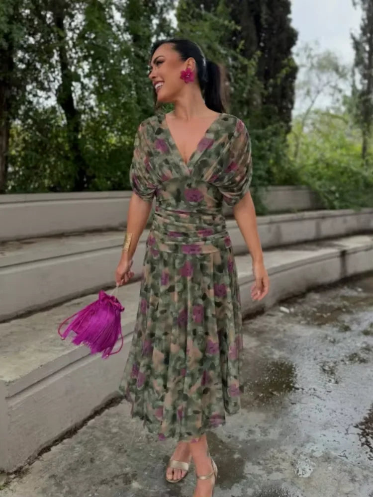 Women Solid Deep V-neck Mesh Long Dress Elegant Puff Short Sleeve Ruched Waist High Vestidos 2026 Summer Lady Casual Street Robe