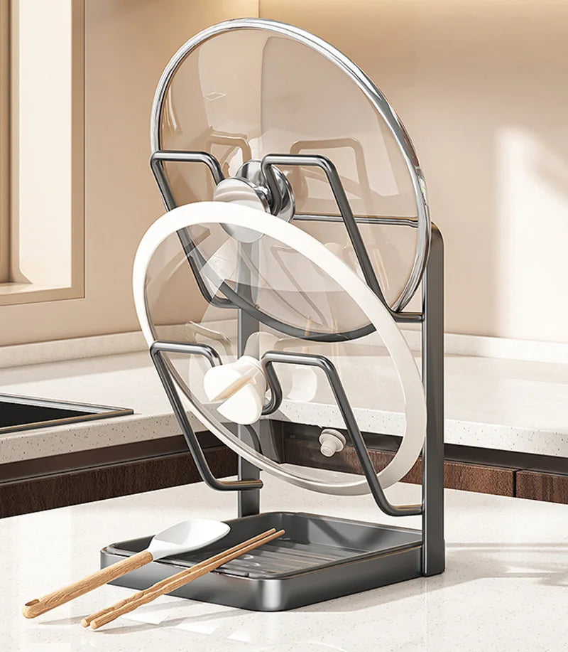Kitchen Pot Lid Rack No Drill Pot Lid Organizer Kitchen Space Saving Countertop Organizer Rack with Drainage Tray Easy to Clean