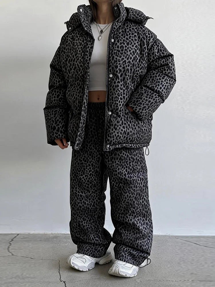 Leopard Print Women's Winter Down Jacket Pant Set Hooded Full Sleeve Zipper Jacket Elastic Waist Pants 2026 Warm Padded Coat Set